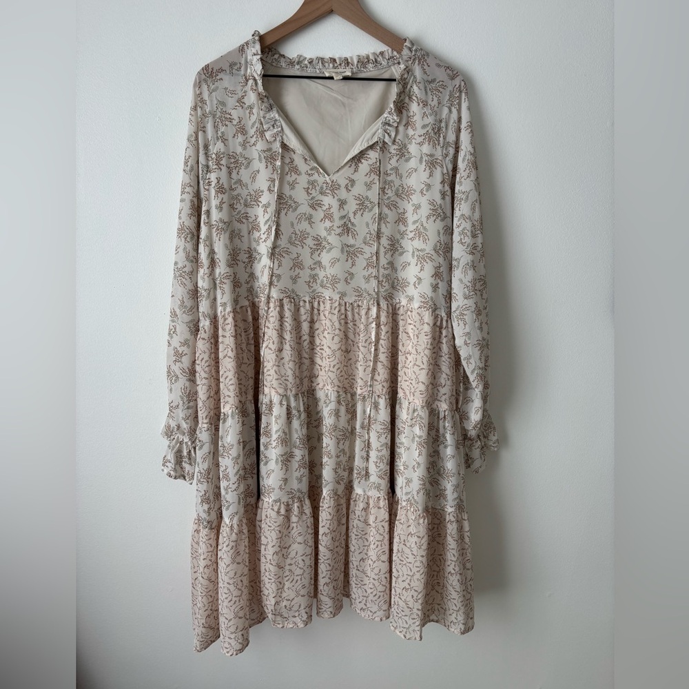 Orange Creek Women’s Neutral Cream and Brown Floral Long Sleeve Dress in 1X